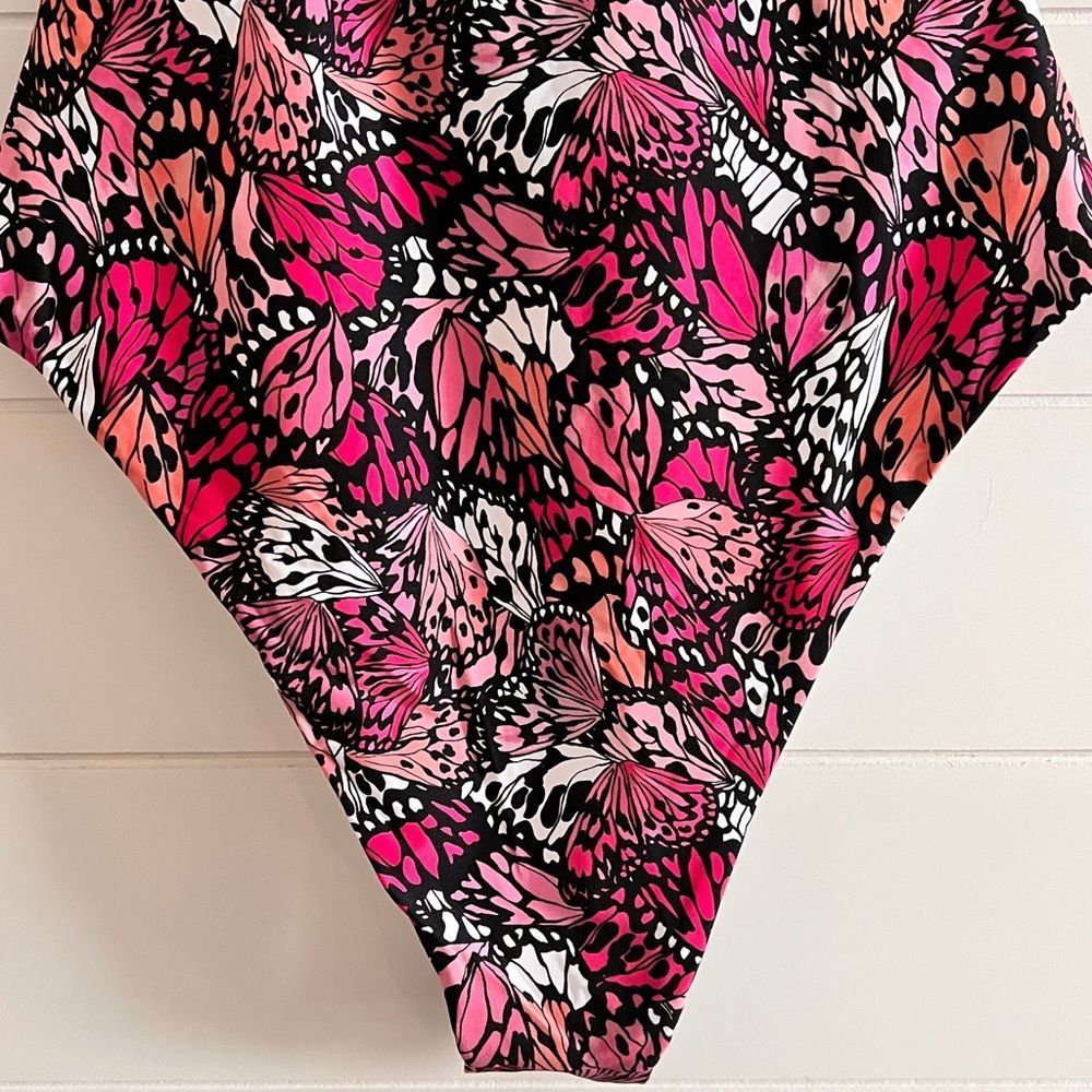 L*Space “Topanga” One Piece Classic High Cheeky Swimsuit Pink Black Tropical - Picture 8 of 13